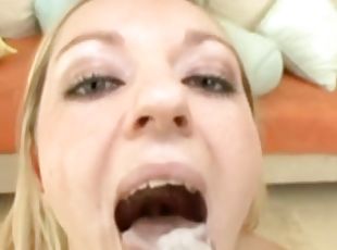 udløsning, teenager, hardcore, gruppesex, sluge, sperm, blond