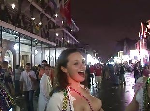 Horny amateur babe showcases her natural tits in public