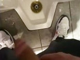 Date night piss in full public restroom moaning naughty piss making mess pee in floor