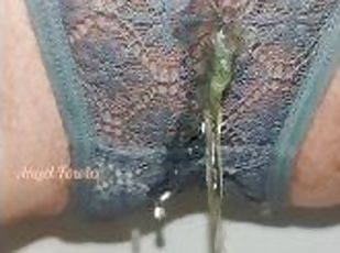 Yellow Pee in Grey lace panties close up