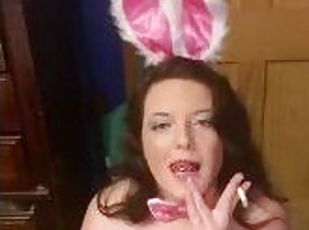 Chubby bunny masturbates pussy while smoking a cigarette