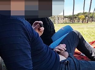 French teacher amateur handjob in public park to student with cumsh...