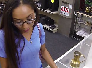 Amateur bitch blows and jumps on a dick at her work place