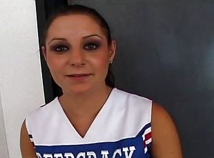 Cheerleader shading uniform then having her shaved pussy banged with big cock