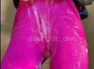 Showering in hot pink leggings and leg warmers - extra bubbles - we...