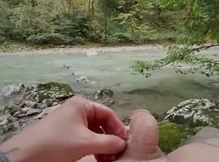 In nature, jerking off his big sinewy dick to a shaking orgasm and ...