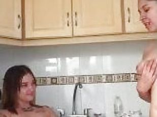 spreading pussy and ass hard in kitchen with huge strapon