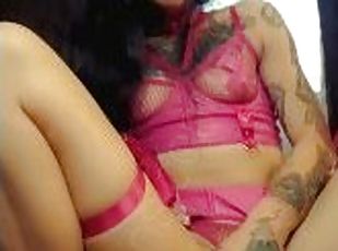 Sexy petite tattooed girl makes herself squirt with dildo and vibrator