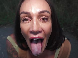 Tattooed Hayley Vernon with big tits giving an amazing blowjob