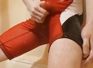 Wrestler guy plays with his in the shower