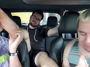 Car ride turns into threesome with foot licking and worship
