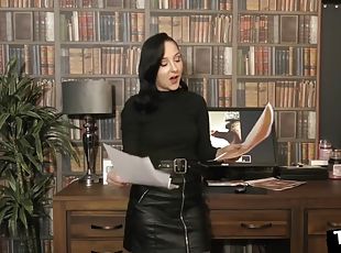 Dominatrix in leather skirt mocks losers in solo video