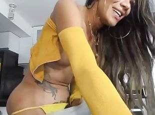 Hot tranny with big tits jerking her huge cock