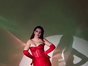 Solo darling with big tits wearing red lingerie having fun