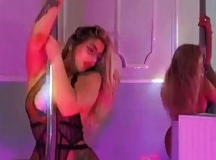 Big ass blonde in fishnet pole dance and striptease!