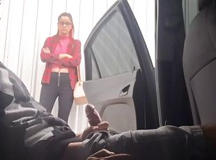 Risky handjob inside the car for student in public