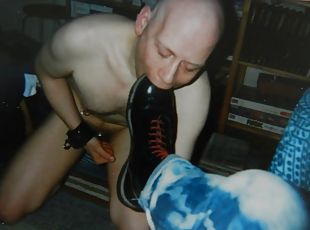 Skinhead slave licks boots and eats cum