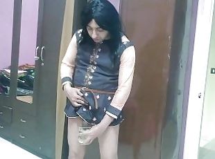 sissy crossdresser femboy peeing in a drinking glass and it will be...