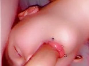 Goth slut sucks big cock n balls while getting fingered (squirt)