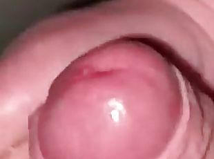 Uncut cumshot on his own foreskin