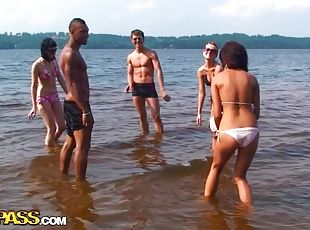 Teen Brunette Has A Hardcore Threesome Outdoors With Horny Guys