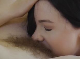 Busty lesbian brunette with hairy pussy and armpits fucks her curvy dark haired girlfriend