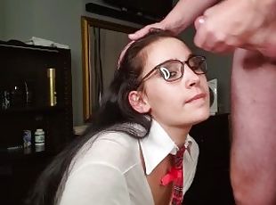 Nerdy slut gets her eye glasses covered in cum after repeatedly suc...