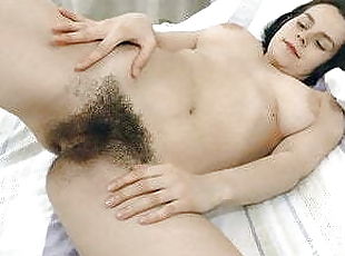 Gorgeous hairy brunette masturbates in bed after homework