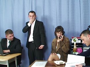 Two office colleges fuck their mature lady friend while in a office...