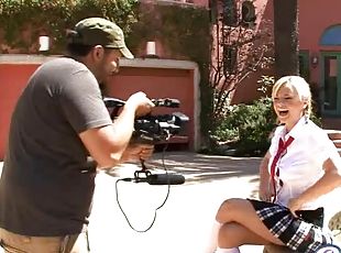 Girls in cute uniforms take us behind the scenes at a porn shoot