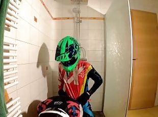Blondy boy goes with his boyfriend in MX Gear under the shower and ...