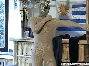 teen Babe Encased In Tiger And Skin-Colored Zentai And Multilayer Fun