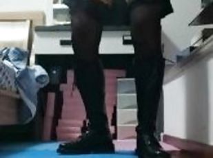 Wearing black silk and boots, masturbating and ejaculating at home with breast stickers