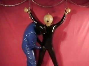 Latex Catsuit Slave Girl With Rubber Ballhood In Bondage Gasmask Breathplay