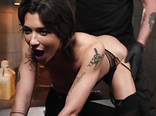 skinny, bdsm, strømper-stockings, fetisj, brunette, tattoo