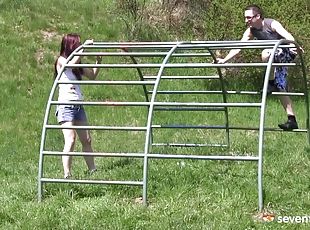 He romances a pretty teen outdoors and gets to fuck her