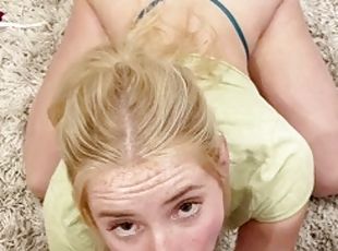 Hot blonde teen with big tits gives blowjob in point of view. I fou...
