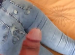 My wife's best friend's son cums on her big ass with his jean on, mutual masturbation