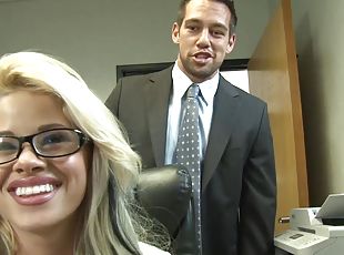 Blonde babe Jessa Rhodes gets her pussy slammed in an office