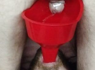 Ordered to Drink own piss through funnel in chastity legs over head