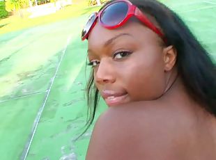 Ebony babe is completely ready for the outdoors penetration session!