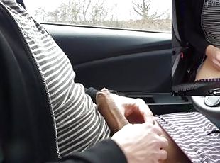 I jerk off and use a vibrator on my cock in the car in a cruising p...