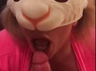 Bunny rabbit kinky mask huge tits POV deepthroat blowjob cum in mou...