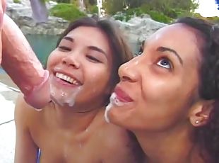 Two horny Latina babes and a blondie are sharing one huge cock