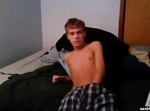 Shaved young blonde cutie jerks off the dick