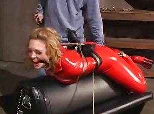 Hogtied &_ Spanked in Red Catsuit