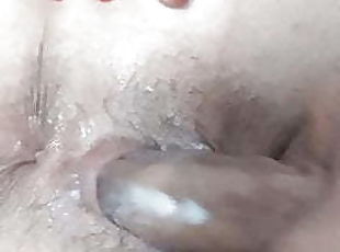 Wife's narrow hairy pussy flows and squishes