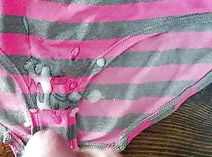 Cum on wife's striped panties