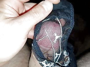 Playing with mom's black panties and sperm in her bedroom 