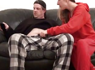 Marie Madison gives blowjob to her man on the couch